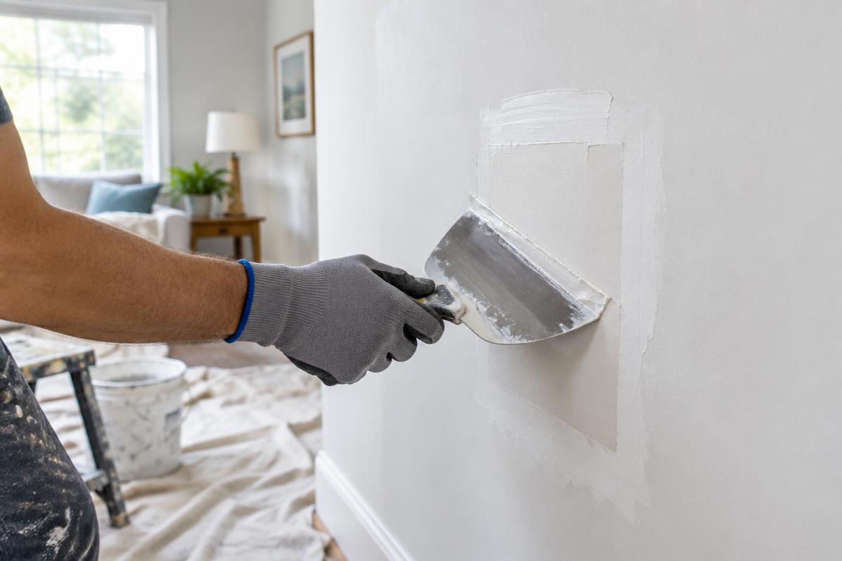 Drywall patch being smoothed by a professional