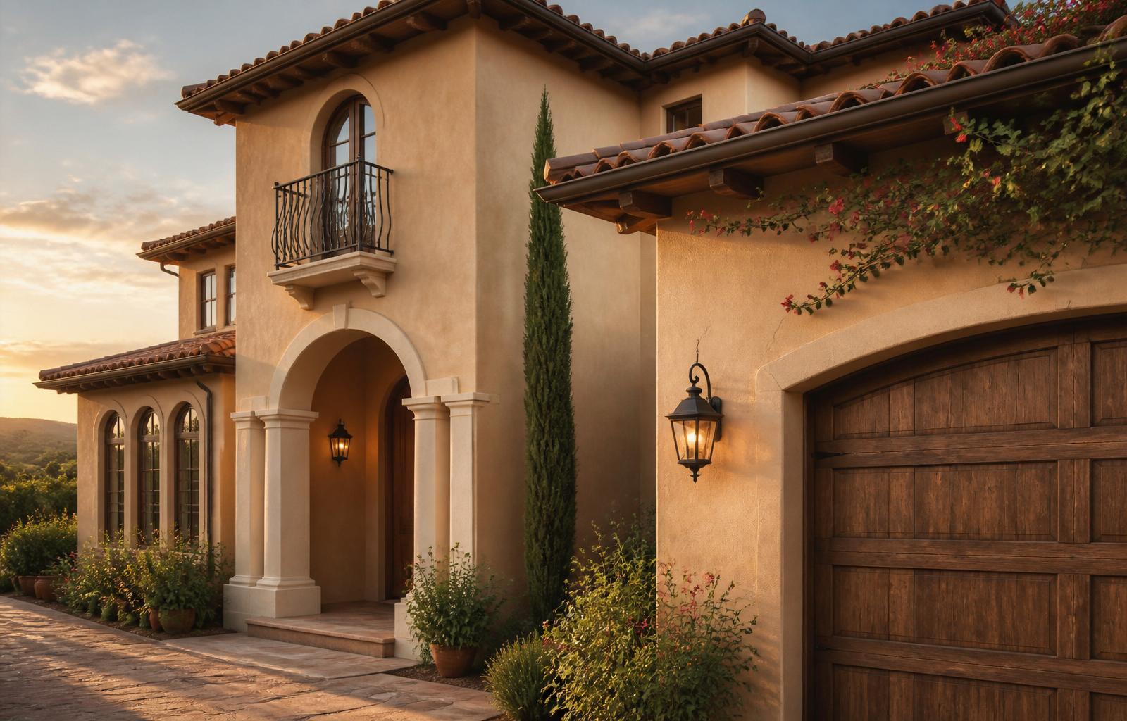 Mediterranean stucco home at golden hour with a hairline crack visible on the exterior wall