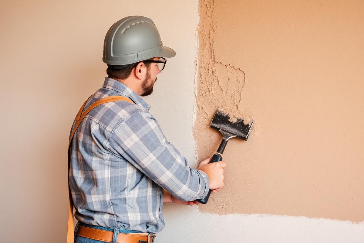 Careful stucco repair work on an exterior wall